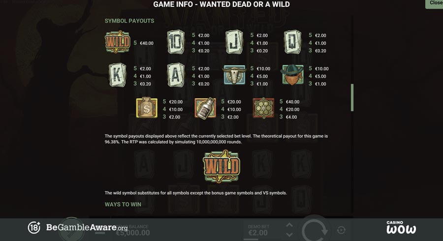 Wanted Dead or a Wild Paytable