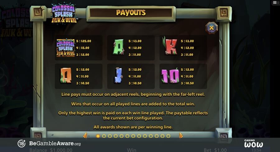 Colossal Splash Ink & Win Paytable