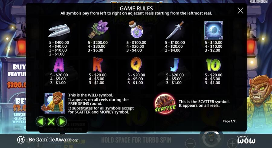 Fangtastic Freespins Paytable