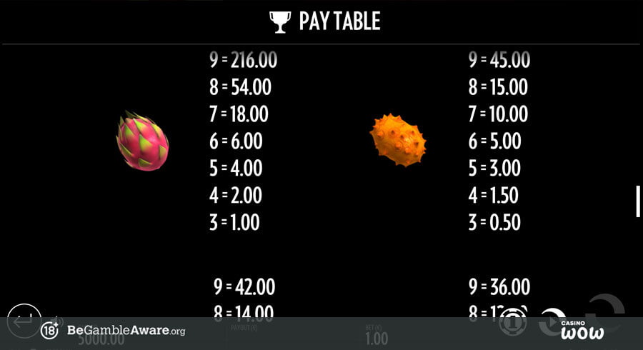 Fruit Warp Paytable