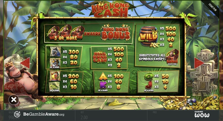 King Kong Cash Paytable