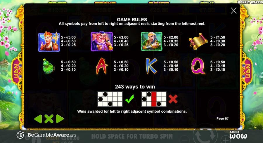 Monkey Warrior Paytable