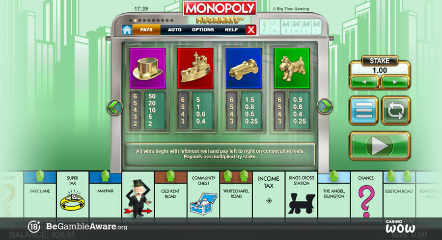 Monopoly Megaways Paytable