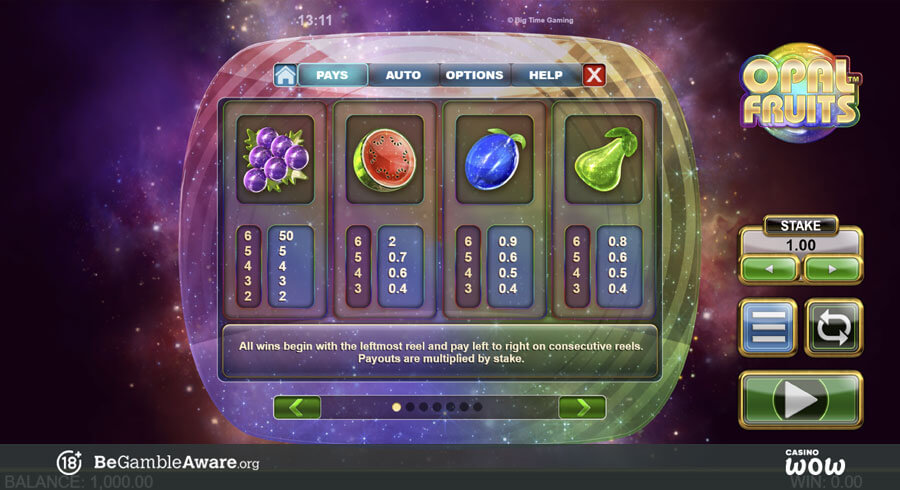 Opal Fruits Paytable