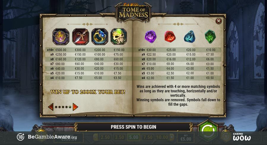 Rich Wilde and the Tome of Madness Paytable