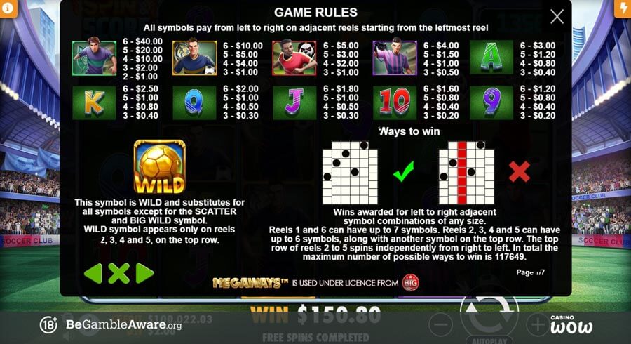 Spin & Score Megaways Paytable