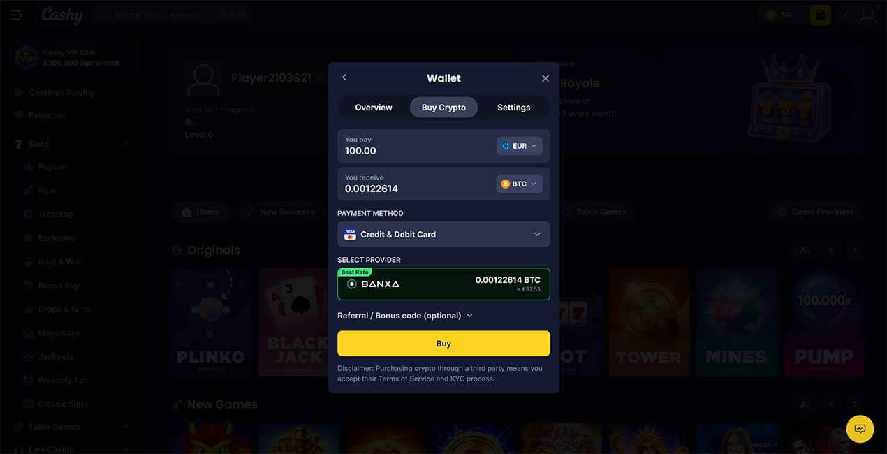 Buy Crypto option at Cashy casino