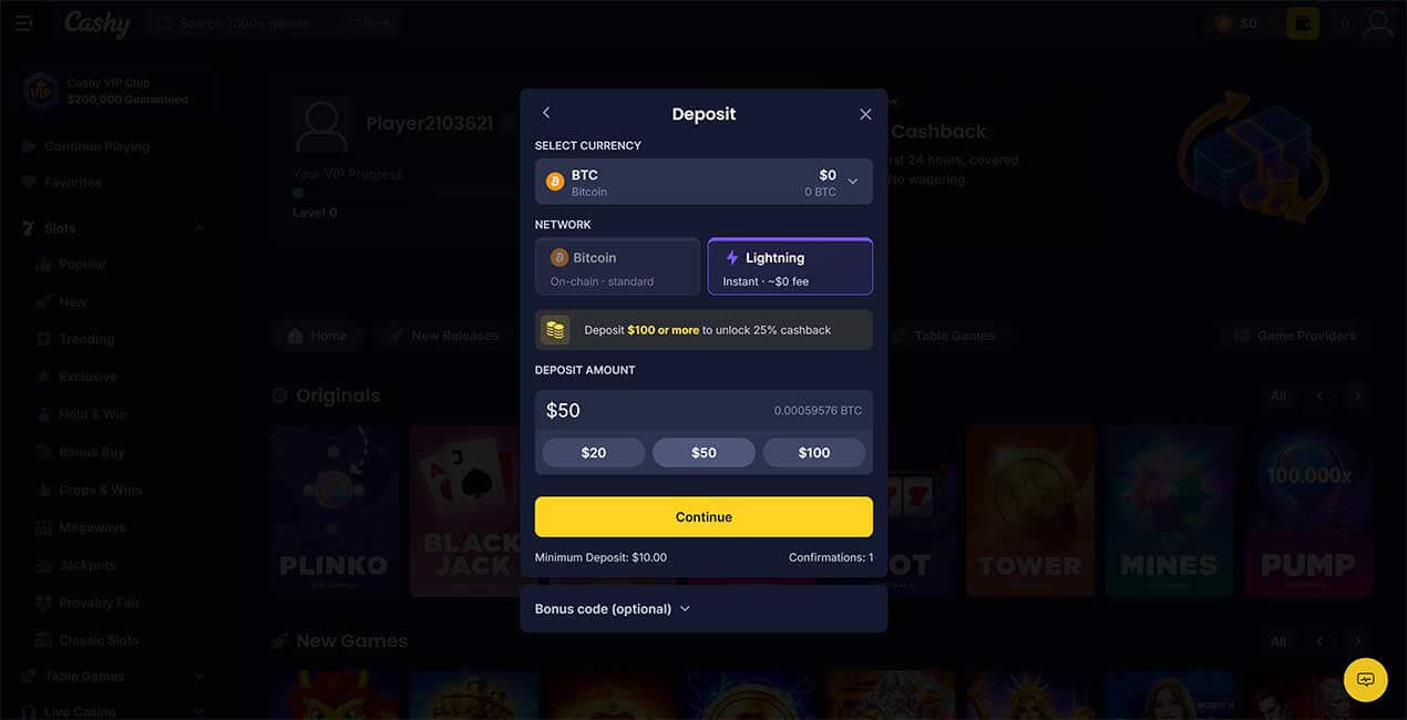 Lightning Network deposit at Cashy casino