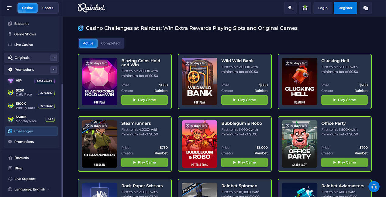 Screenshot of the Rainbet casino lobby showing slot games and live casino tabs