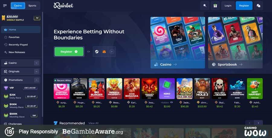 Rainbet Casino homepage schermafbeelding met spelaanbod