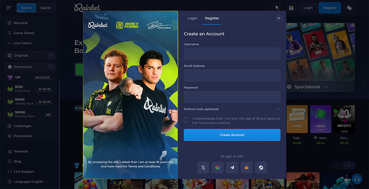Rainbet Casino Setup Guide: Step-by-Step Protocol for New Players 1 - Hải sản Vũng Tàu Rainbet Casino registration interface showing form fields