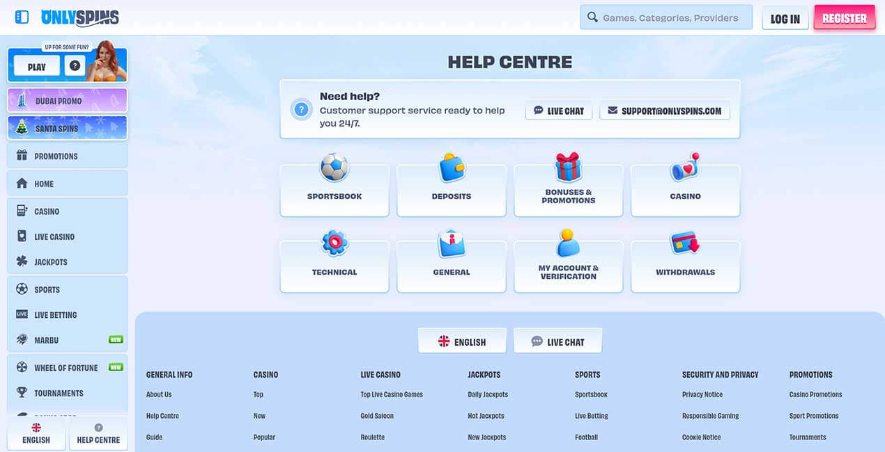 Help Centre at OnlySpins casino