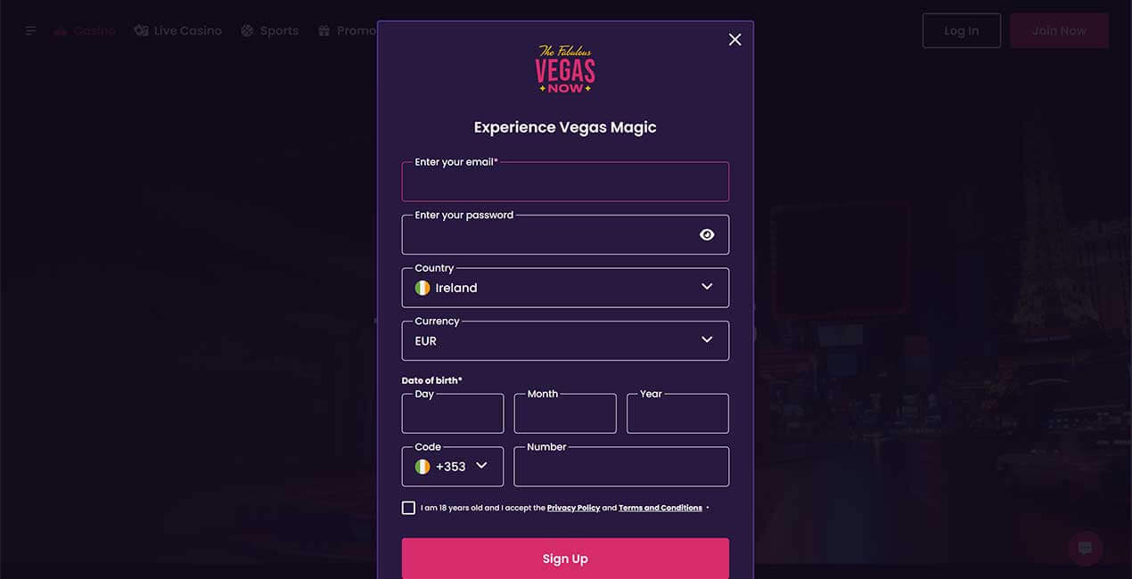 Register at VegasNow casino