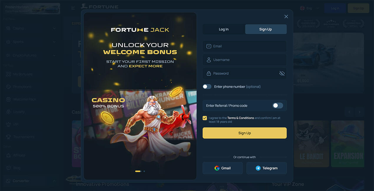 Register at FortuneJack casino