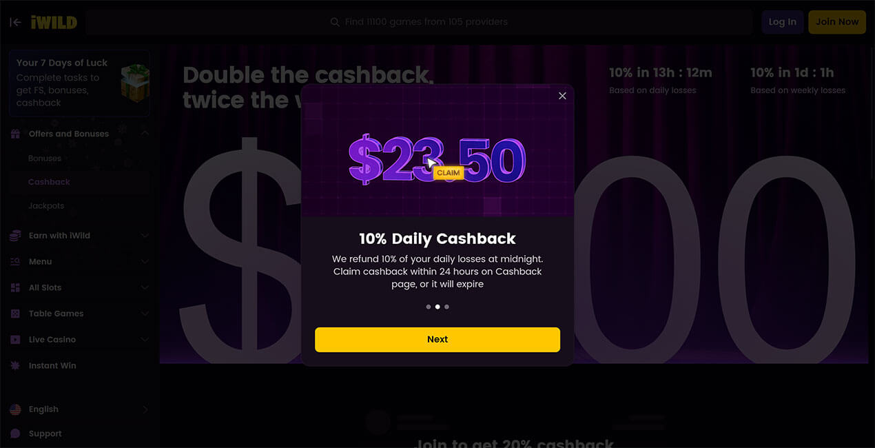 Cashback Offers at iWild casino