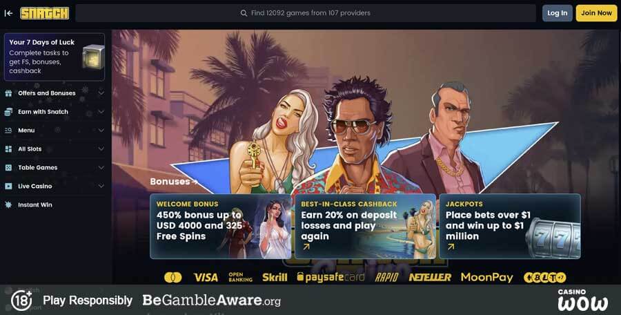 Interfejs Snatch casino z pokazem gier i bonusów