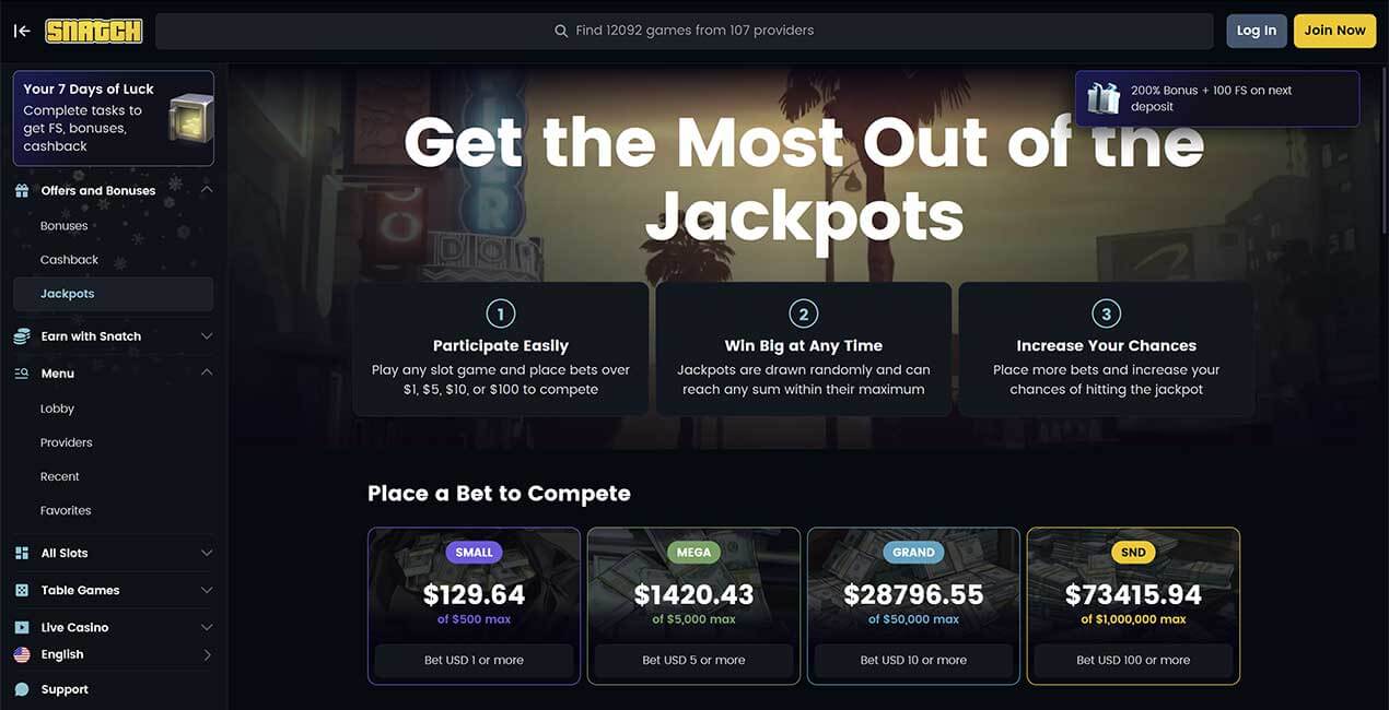 Jackpoty w Snatch Casino