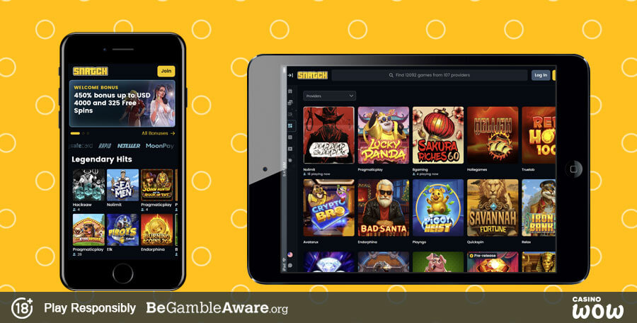 Interfejs aplikacji mobilnej Snatch Casino na smartfonie