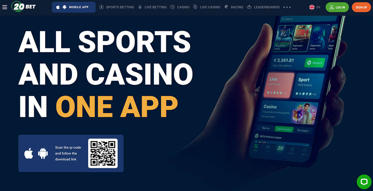 Προβολή του 20bet σε smartphone
