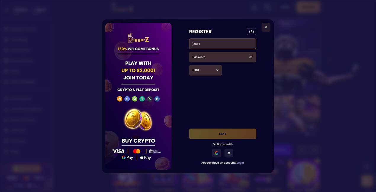 Register at BiggerZ casino