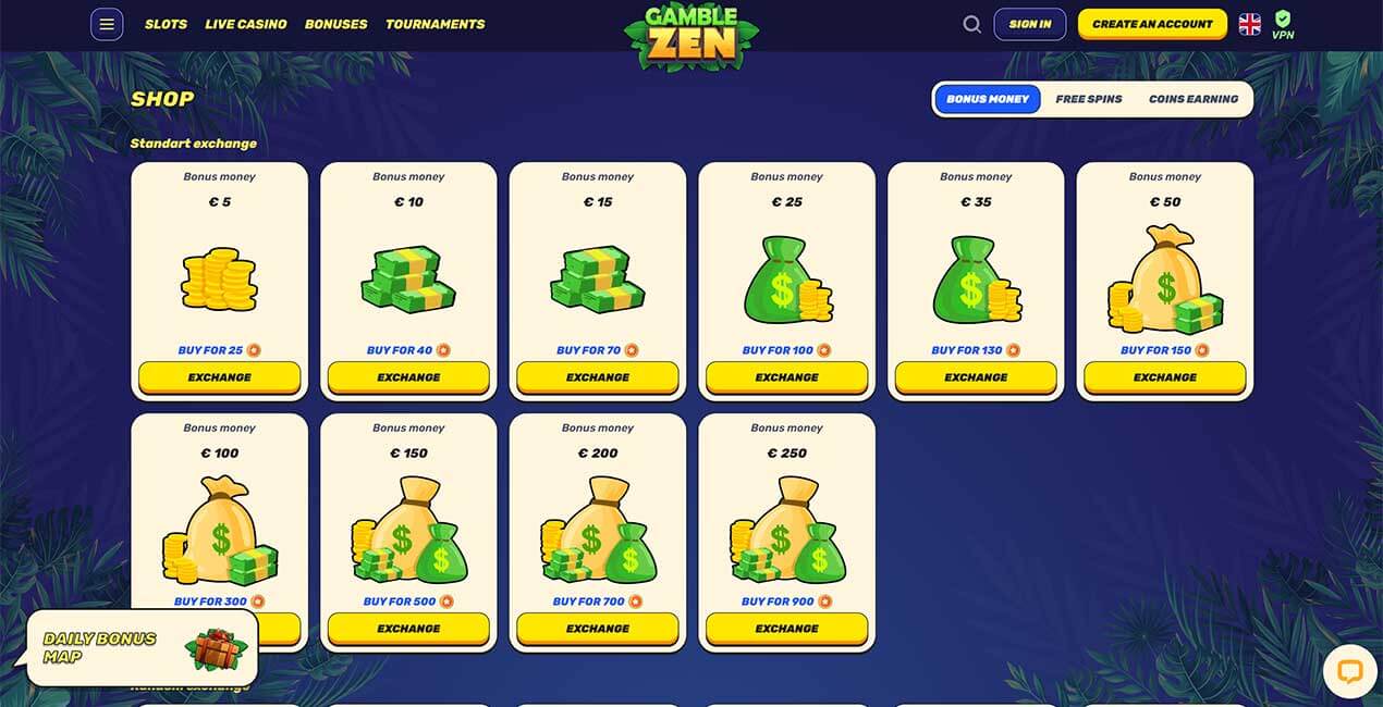 Bonus Shop at GambleZen casino