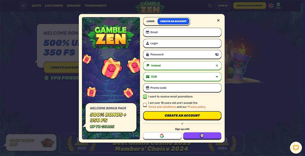 Register at GambleZen casino