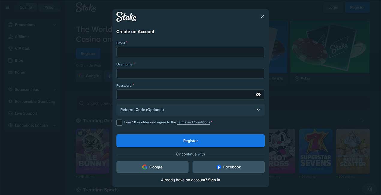 Register at Stake casino