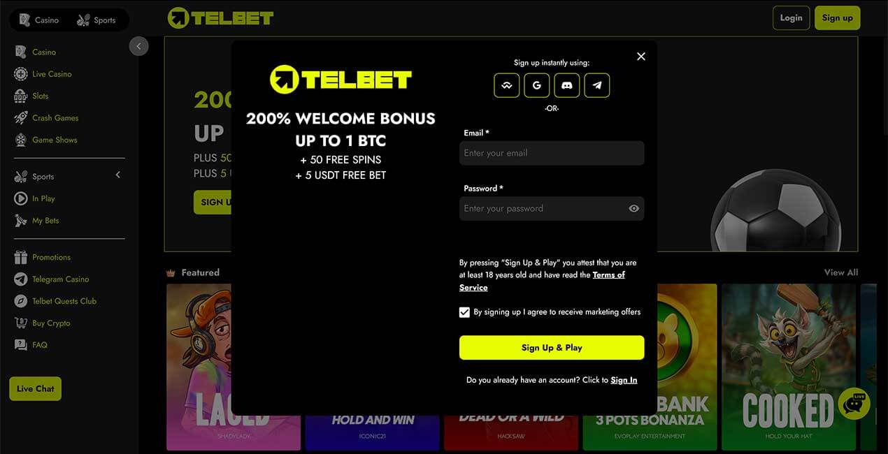Register at Telbet casino
