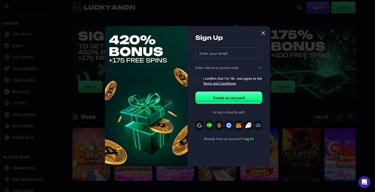 Sign up at Lucky Anon casino