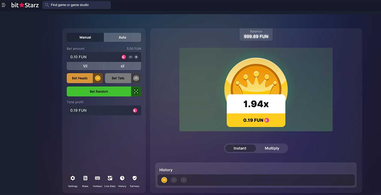 Coin Flip game at BotStarz casino