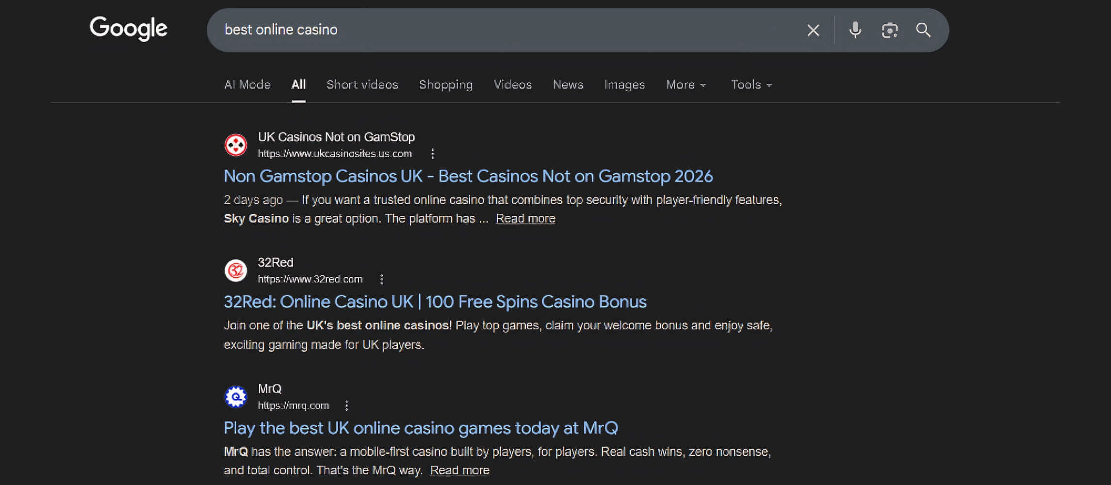 Google results for best online casinos