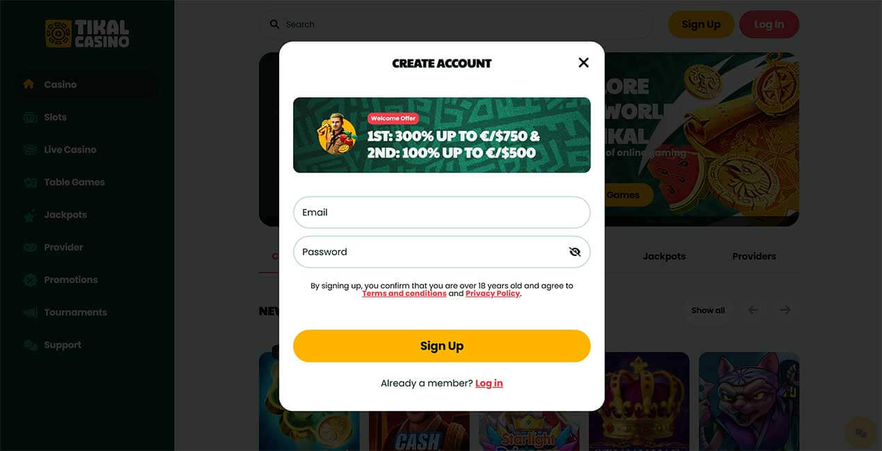 Register at Tikal casino