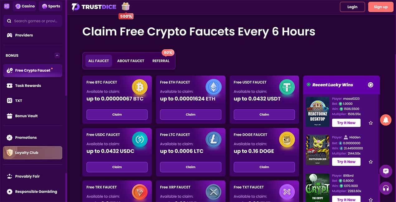 Crypto Faucet at TrustDice casino