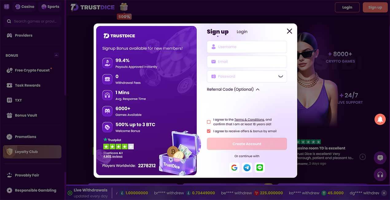 Register at TrustDice casino