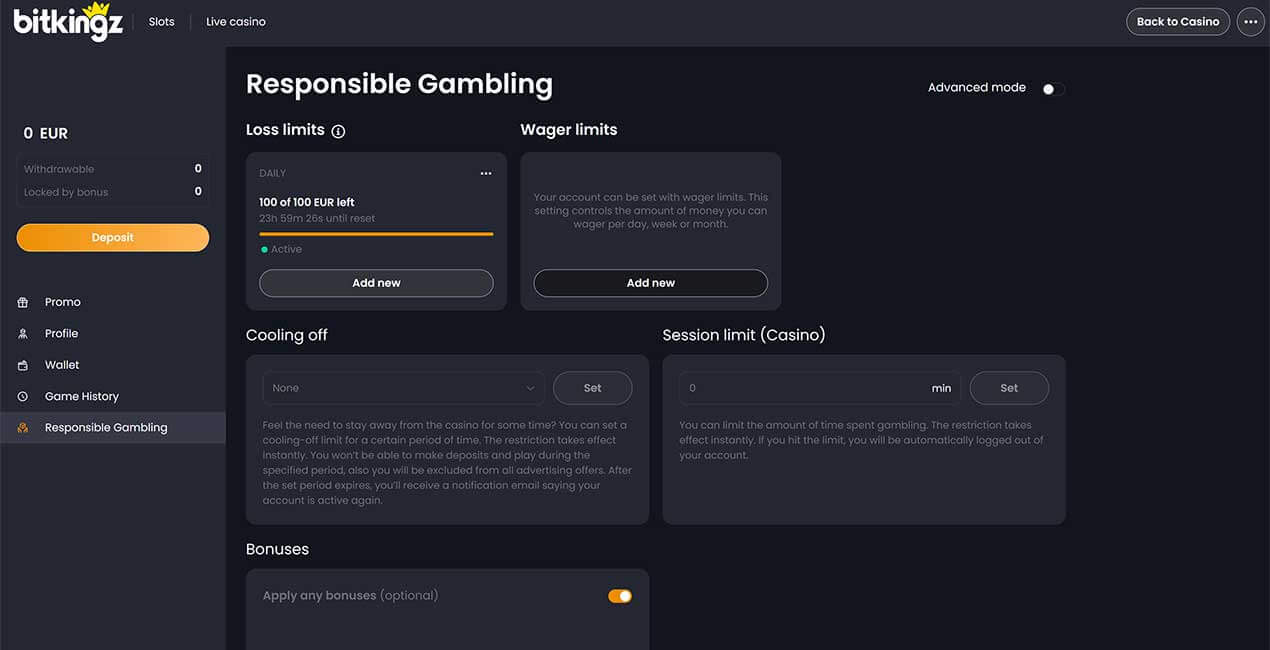 Responsible Gambling tools at BitKingz casino