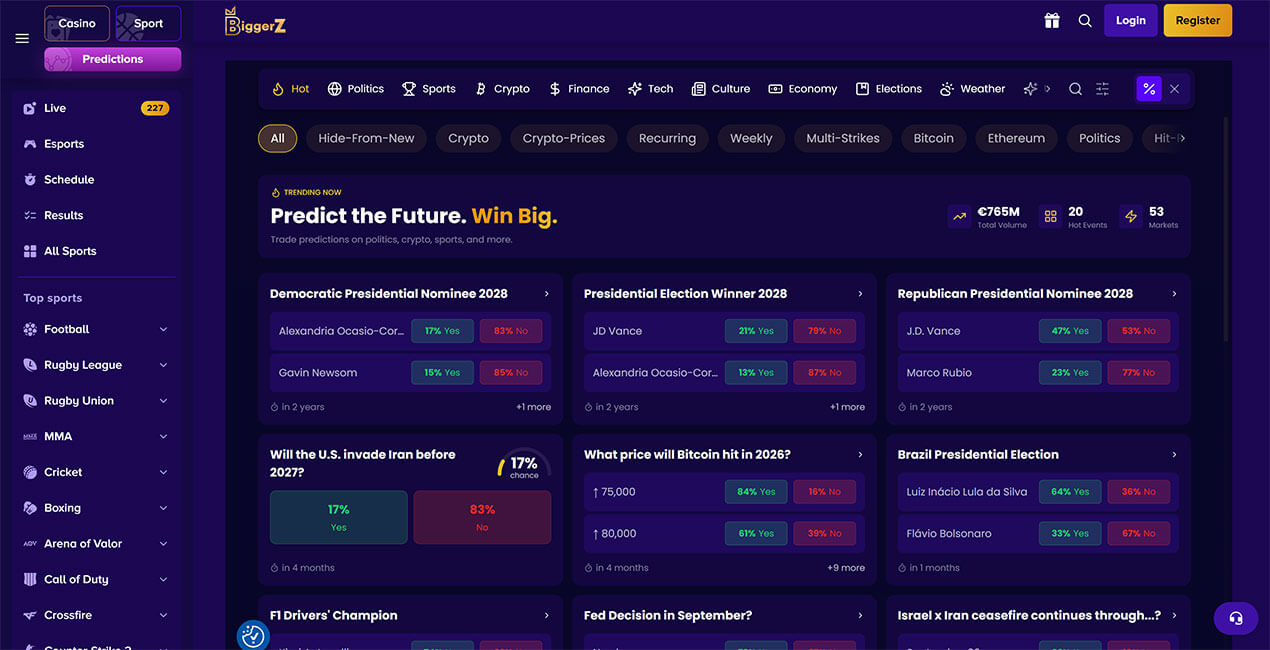 Prediction Markets at BiggerZ casino