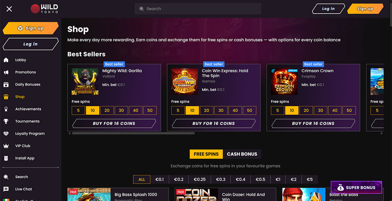 Bonus Shop at Wild Tokyo casino