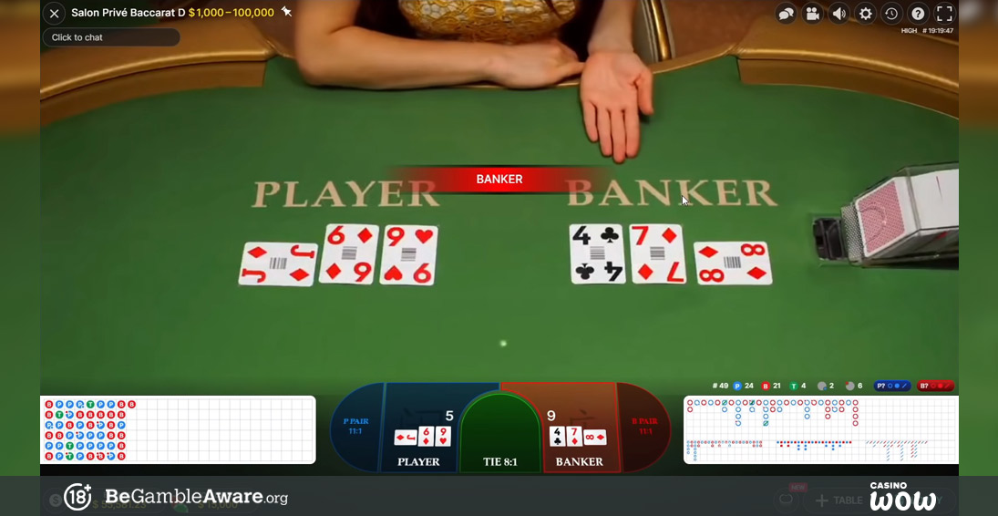 Interface du jeu Salon Privé Baccarat au Casino privé montrant les cartes et les options de pari