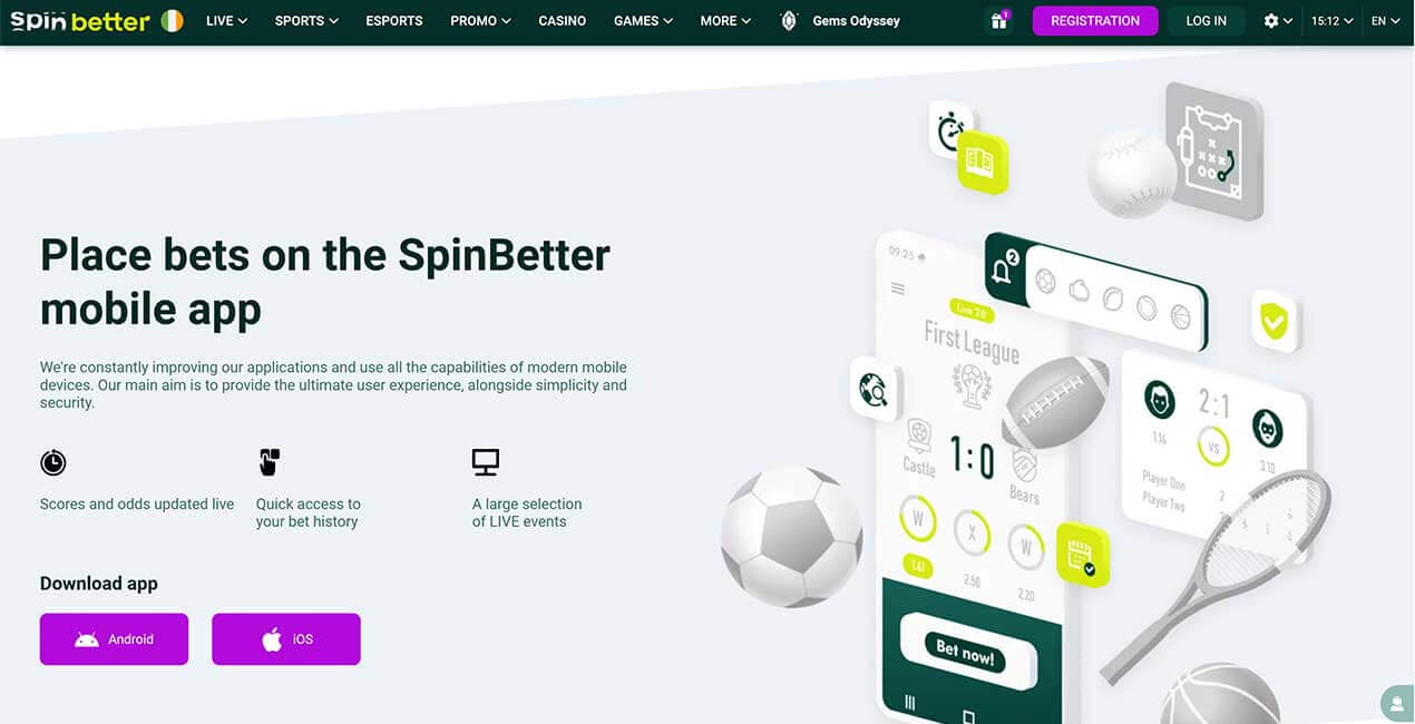 Interfejs aplikacji Spinbetter na urządzeniu mobilnym