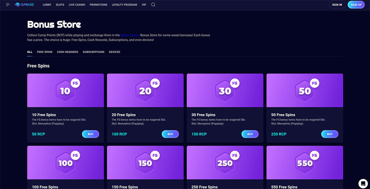 Spinjo casino Bonus Store