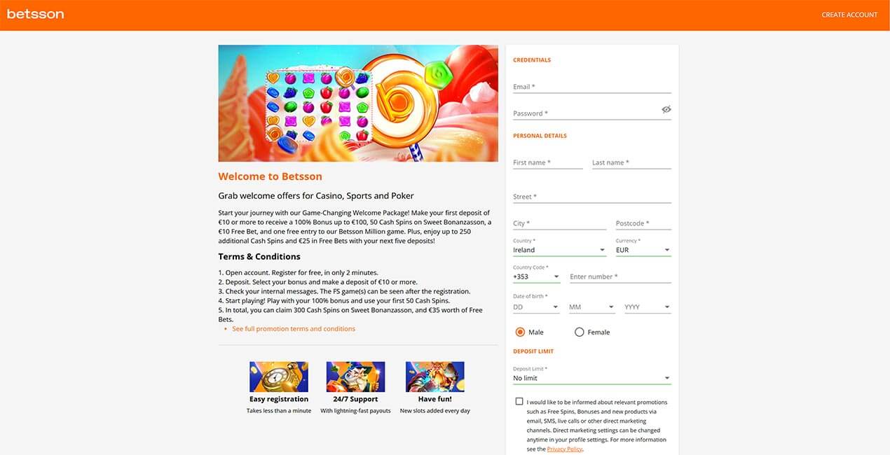 Create Account at Betsson casino Create Account at Betsson casino