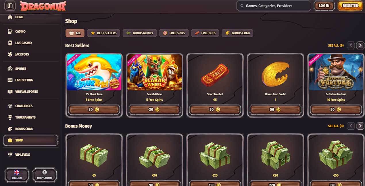 Voorbeeld van het Dragonia Casino bonusshop-overzicht op mobiel
