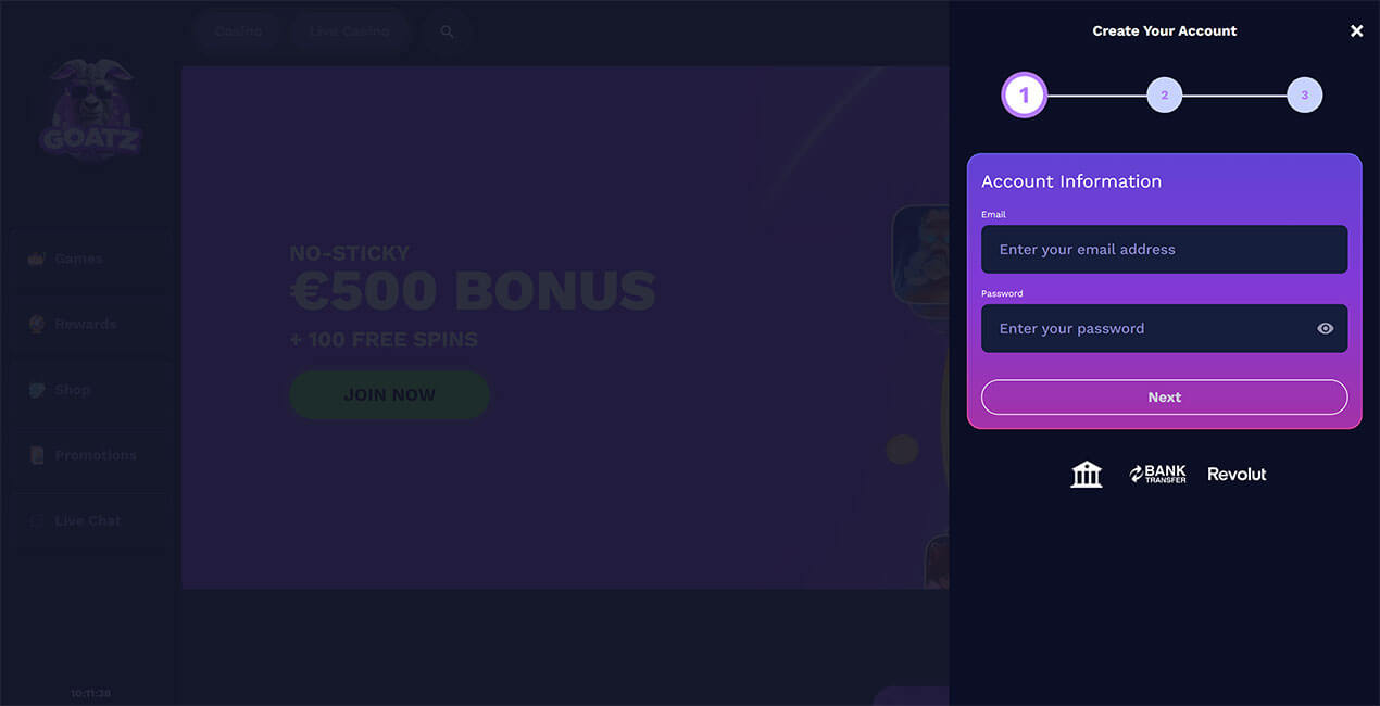 Register at Goatz casino