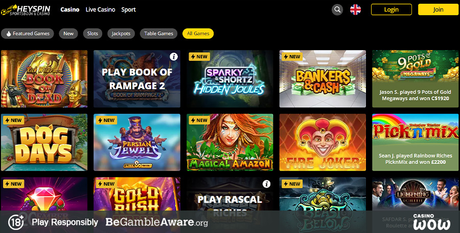 HeySpin Casino Games