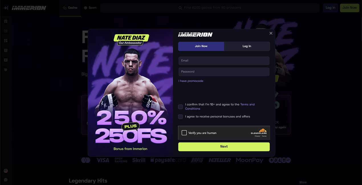 Open an account at Immerion casino