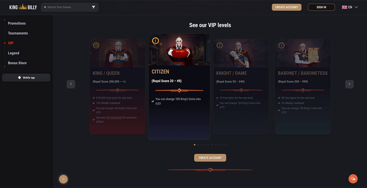 King Billy casino VIP program