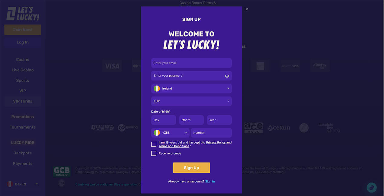 Lets Lucky Registration Interface
