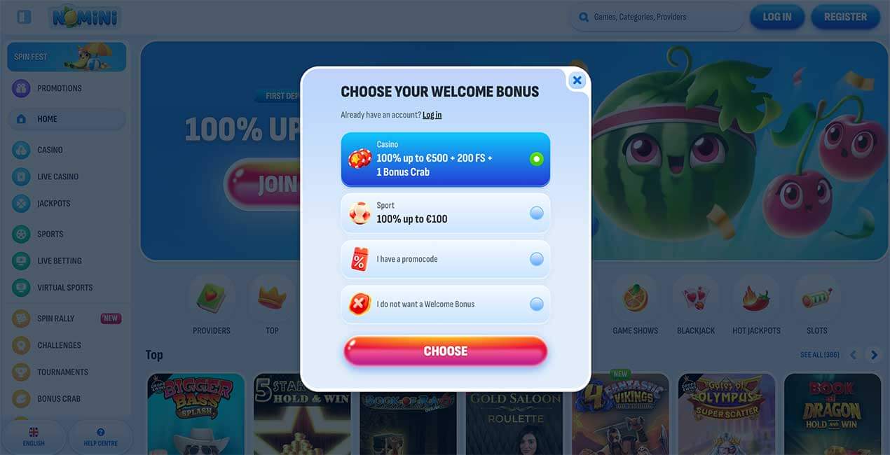 Képernyőkép a Nomini kaszinó regisztrációs űrlapjáról