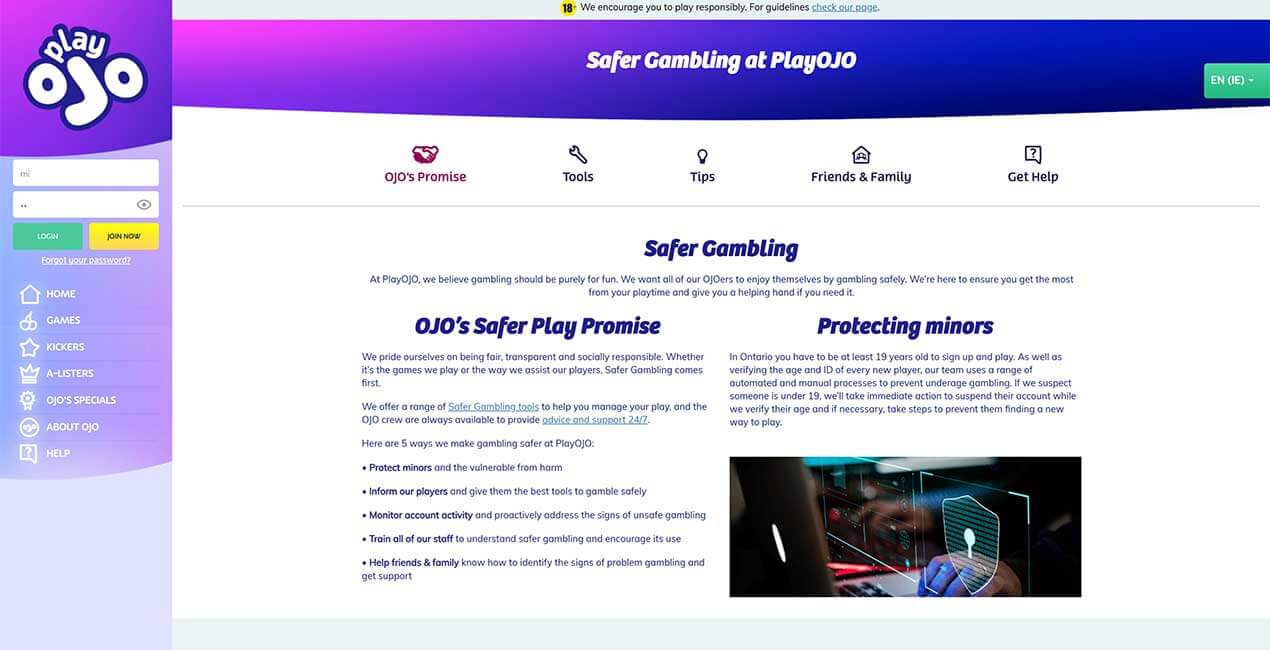 Safer Gambling at PlayOJO casino