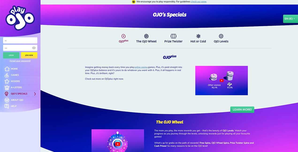 OJO's Specials at PlayOJO casino